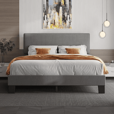 Queen Bed Frame with Headboard,Linen Upholstered Bed Frame with Wood Slats Support,No Box Spring Needed,Heavy Duty Feet,Easy Assembly,Light Grey