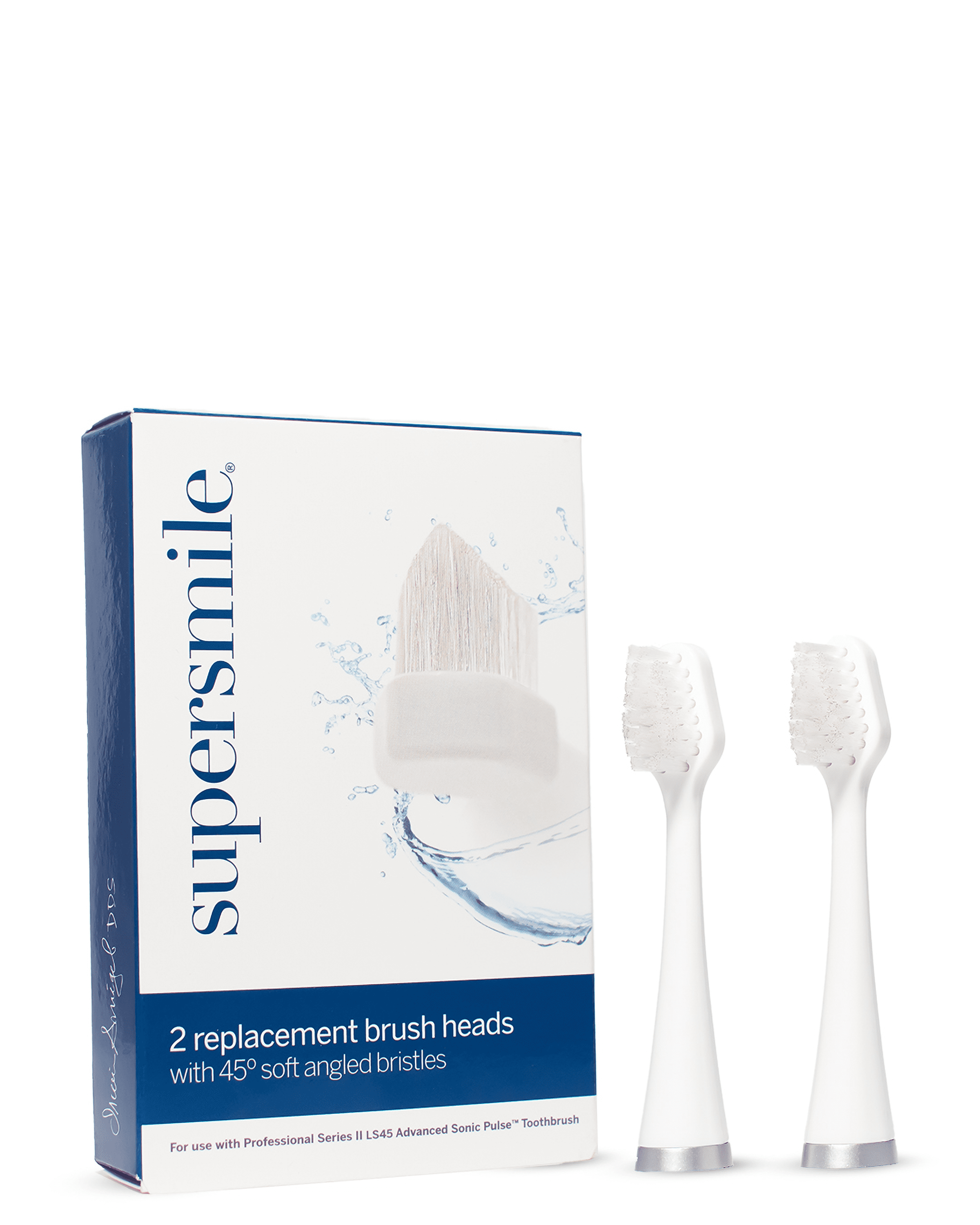 Supersmile Series II LS45 Replacement Brush Heads for Sonic Pulse Toothbrush - Patented 45° Soft Bristles Deliver Professional Teeth Cleaning - No Sensitivity (White, 2 Count)