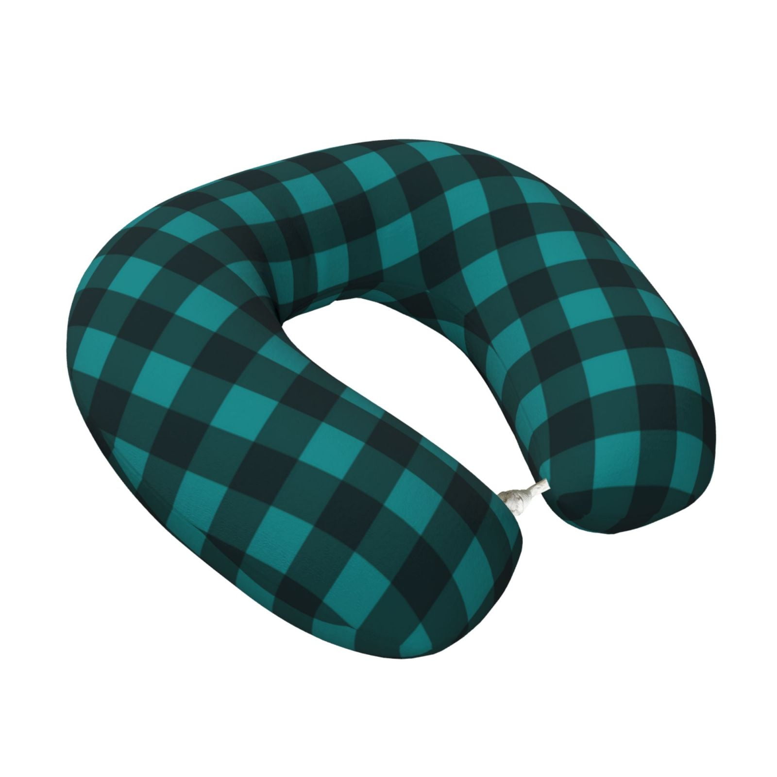Xecao Teal On Black Plaid Print Memory Foam Cervical Neck Pillow Versatile U-Shaped Pillows for Home,Office,Camping,Travelling,Soft Washable Cover