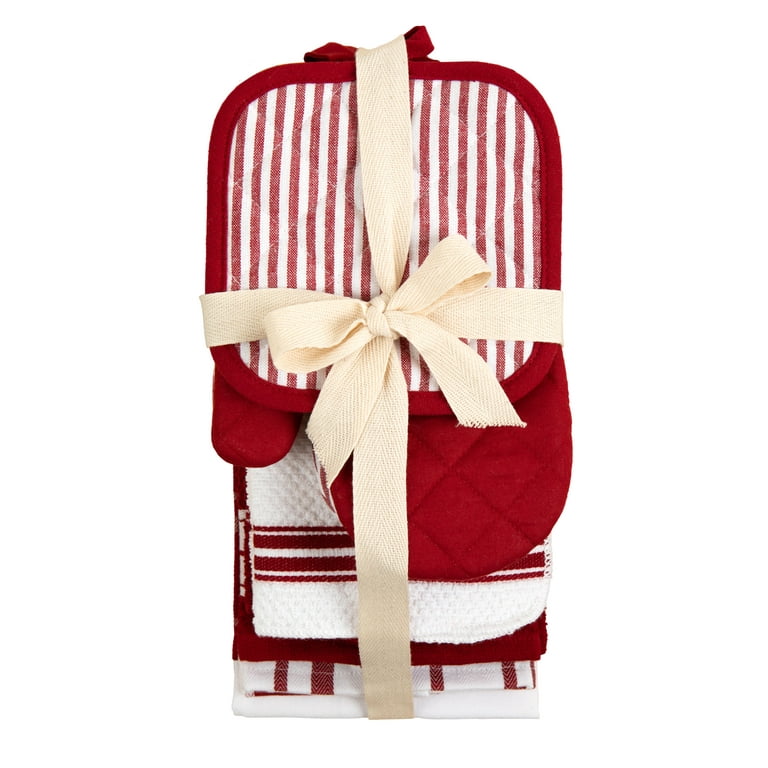 Hand Woven Hache Dish Towel with Dish Cloth | Black & White Stripes with  Red Border