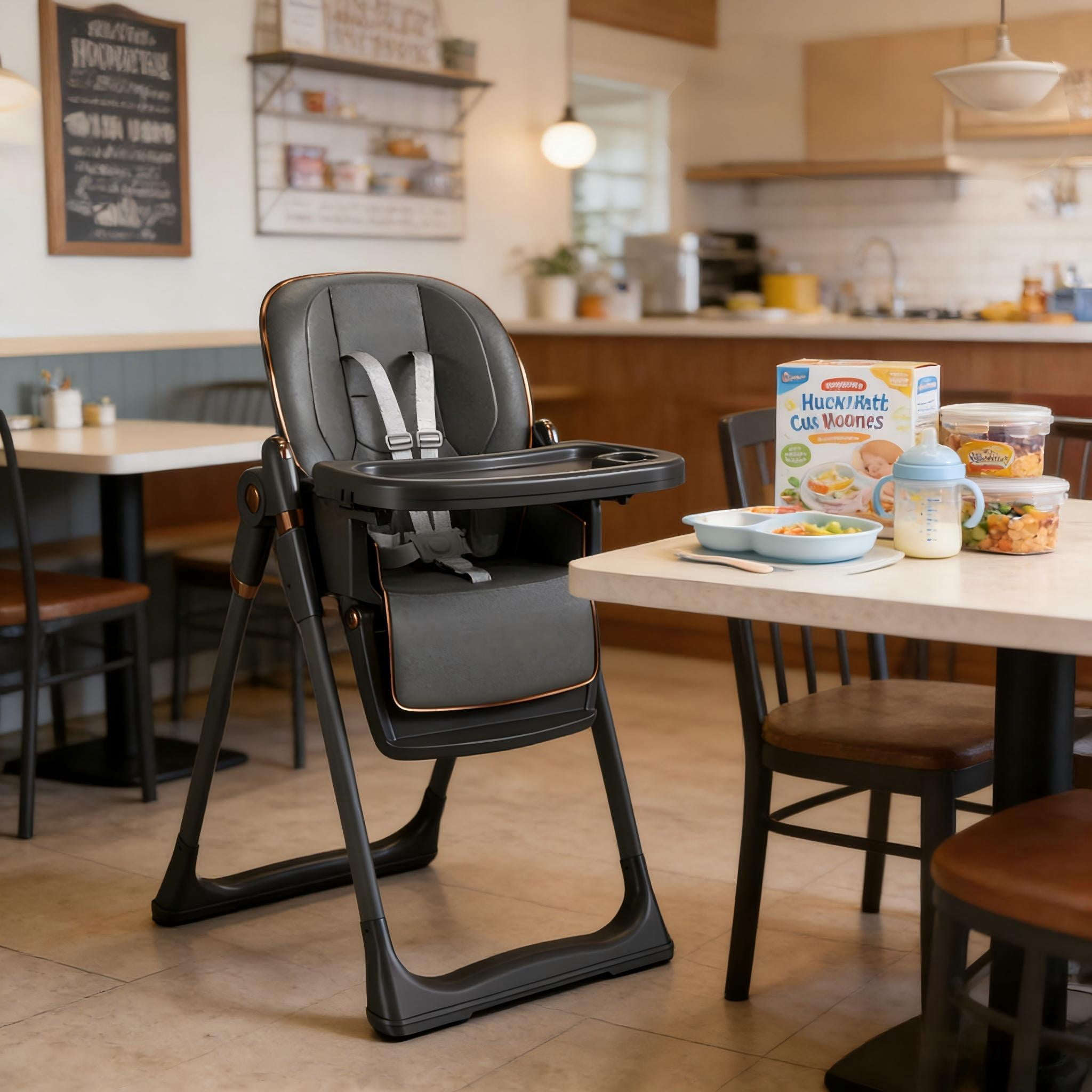 Cochildor Foldable High Chair for Babies & Toddlers, with 5 Point Harness, Tray, Foot Rest and Wheels, Gray