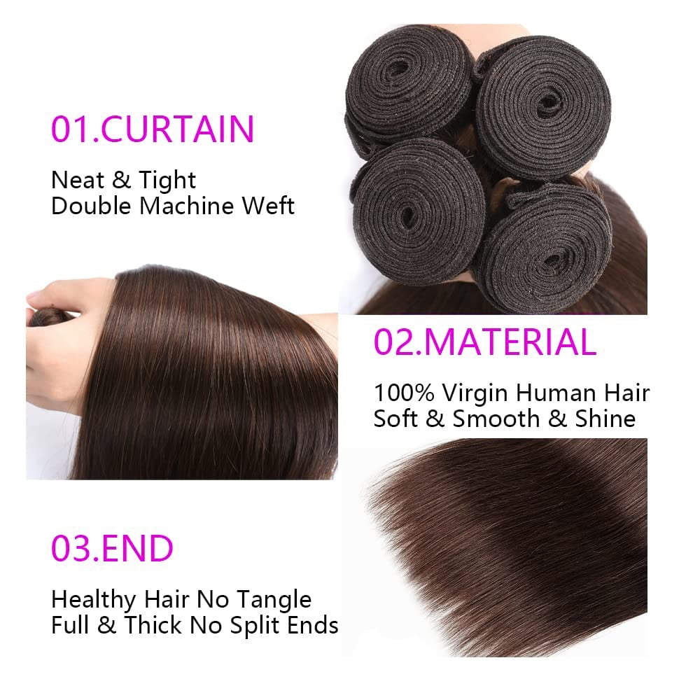 Straight Bundles with Frontal 18-30 Inch Brazilian Human Hair 3 Bundles with 13x4 Lace Frontal #4 Brown Straight Remy Hair Extensions
