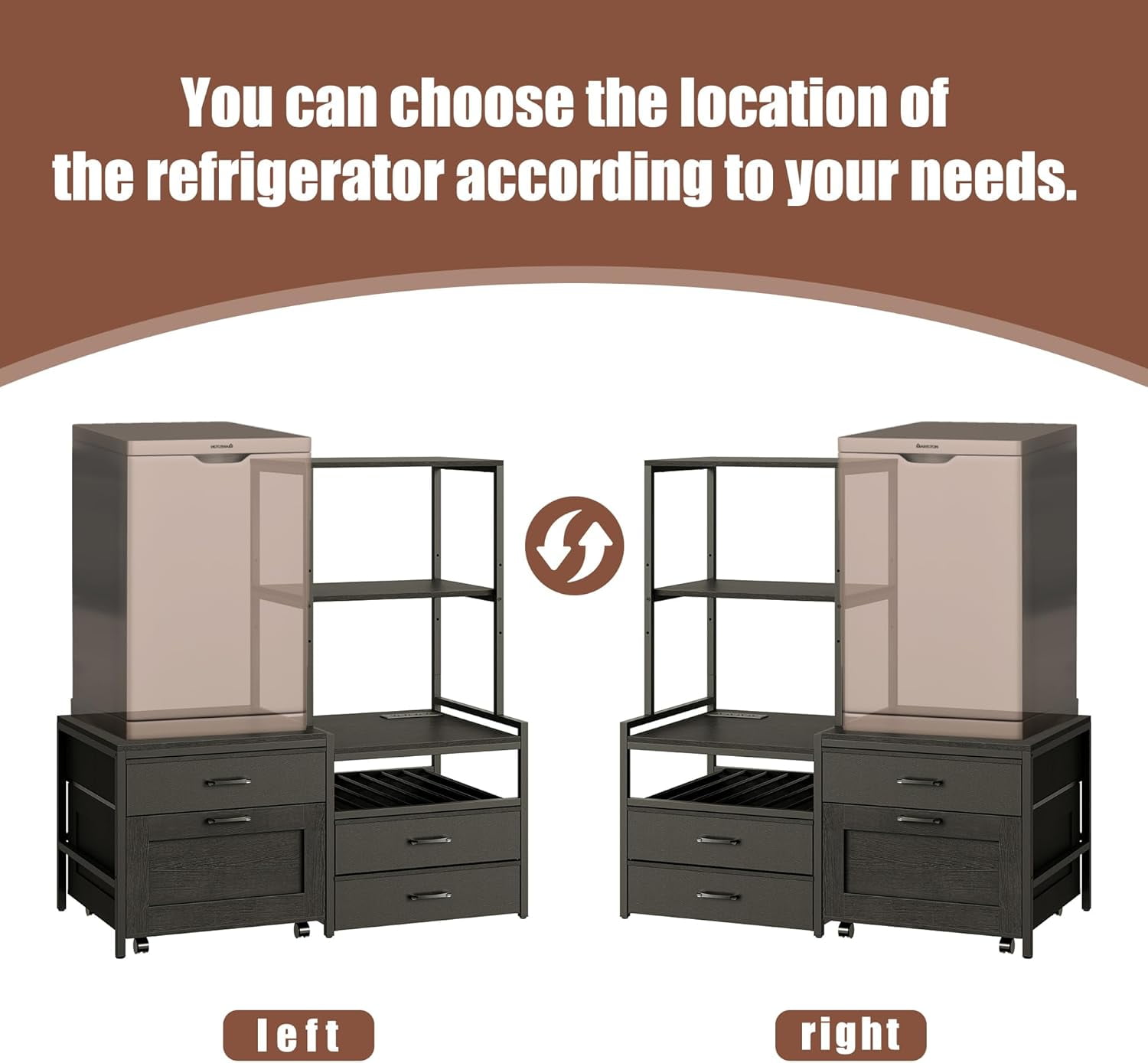 Herture Mini Fridge Stand with Wine Rack, Kitchen Bakers Rack with Power Outlet, Microwave Oven Stand, Coffee Bar, Movable Drawers, for Dorm,Office, Black HB04BXB