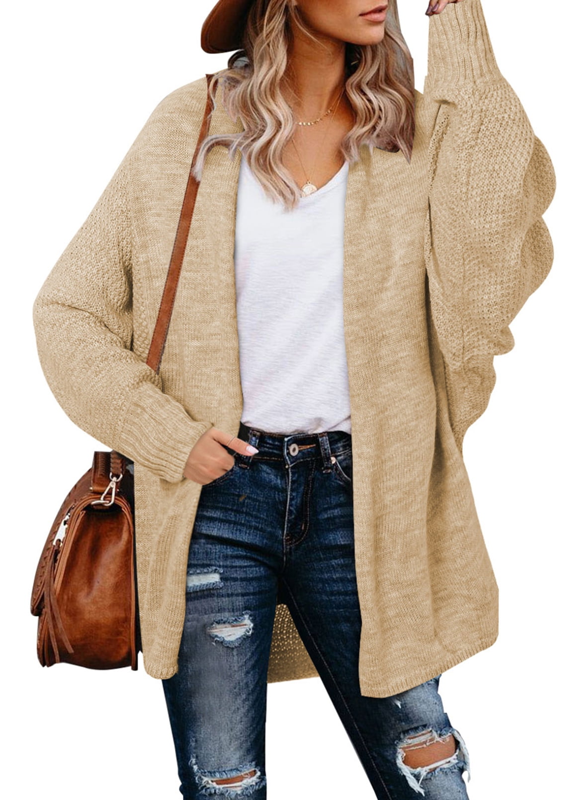 Aleumdr Womens Cardigans Sweater Long Sleeve Chunky Knit Bat Sleeves