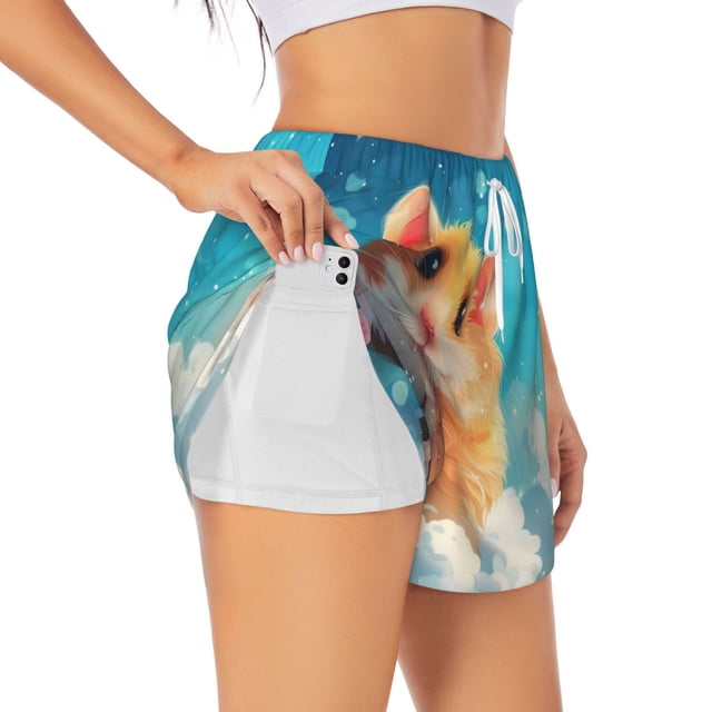 Balery Cloud Cute Hamster Pantalones cortos deportivos para mujer con forro y dos bolsillos, elásticos, para entrenamiento, gimnasio, yoga-Small