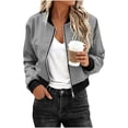 thumbnail image 2 of TGSLY Women's Cropped Bomber Jacket Lightweight Zip Up Long Sleeve Work Coat Oversized Casual Solid Color Windproof Outerwear with Pockets L, 2 of 7