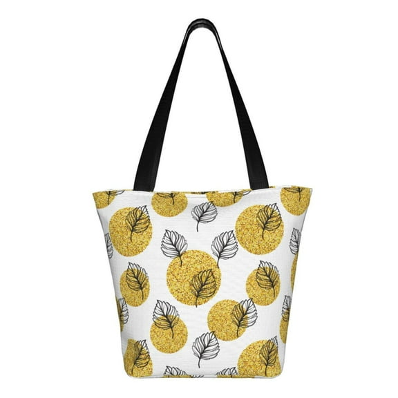 Uemuo Gold Dots and Leaves Print Tote Bags for Women,Large Capacity Corduroy Bag,Reusable Grocery Shoulder Bag,Beach Tote with Zipper Closure, Daily Essentials
