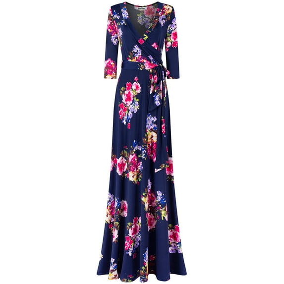 Bon Rosy, Women's, Silky and Stretchy 3/4 Sleeve Deep V-Neck Peony Printed Maxi Faux Wrap Dress, Navy Pink, S