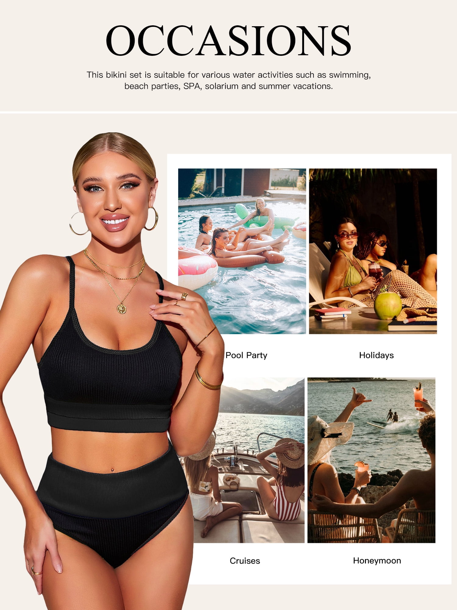Eytino High Waisted 2 Piece Bikini Set for Women Tummy Control Swimsuit Knit Ribbed Bathing Suit, Black, L