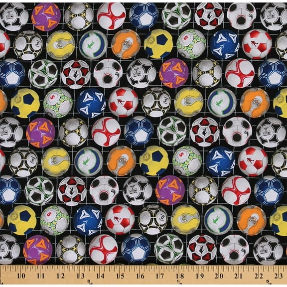 Cotton Sports Soccer Balls Ball Multi Color Cotton Fabric Print by the Yard (276-BLACK)