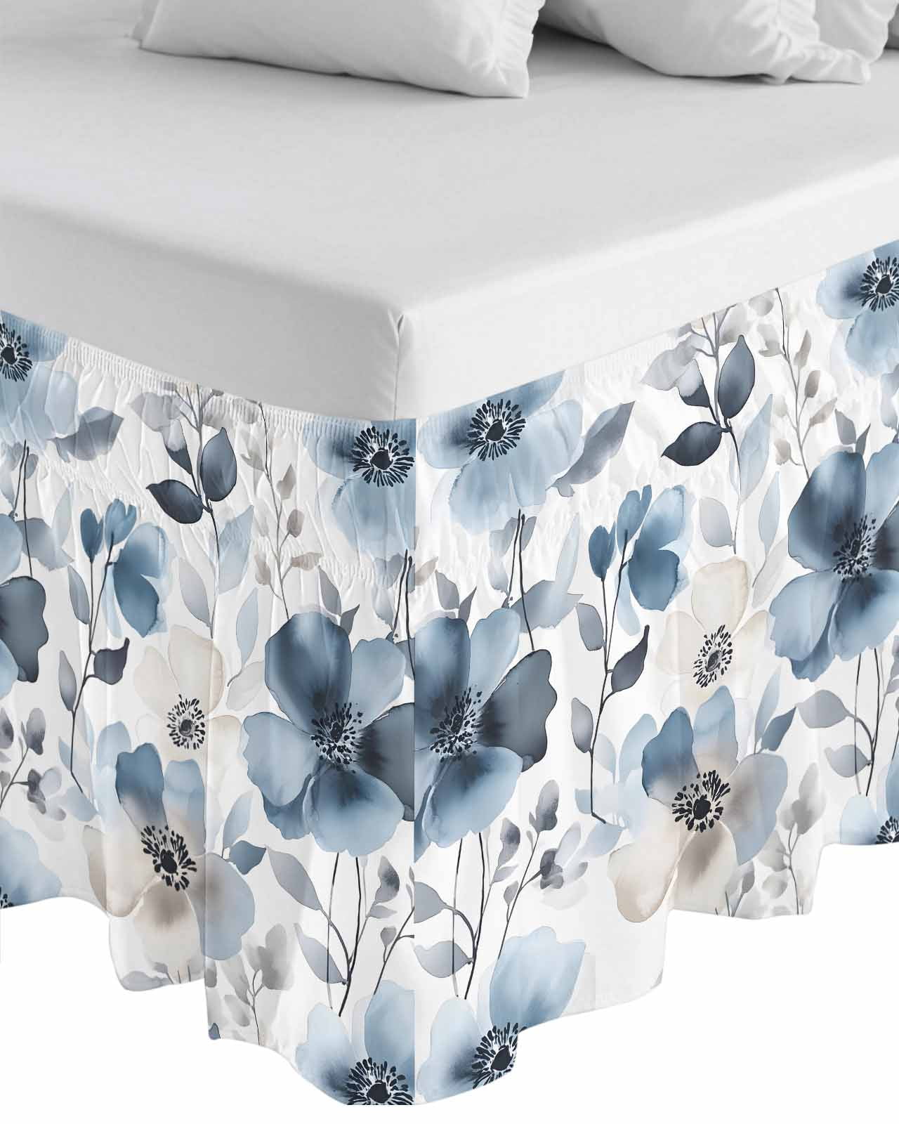 Vintage Blue Bed Skirt Queen Size 16 Inch Drop, Brown Watercolor Flowers Petals Abstract Art Wrap Around Dust Ruffle Bedskirts, Wrinkle & Fade Resistant Easy Fit Bedskirt with Adjustable Elastic