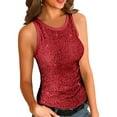 thumbnail image 2 of Trendy Women's Sequin Crop Tank Crew Neck Sleeveless Slim Fit Sparkle Shimmer Vest, Summer Casual Club Party Going Out Blouse,Red M, 2 of 6