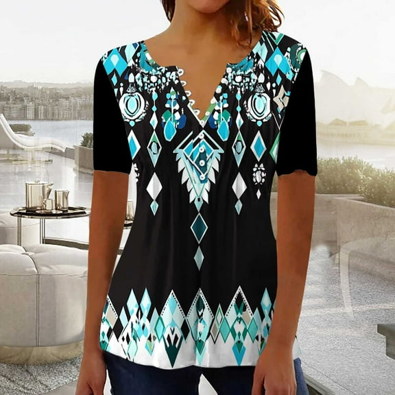 Karight Summer Tops for Women, V Neck Button Down Short Sleeve Casual Blouses Fashion Print Loose Fit Shirts