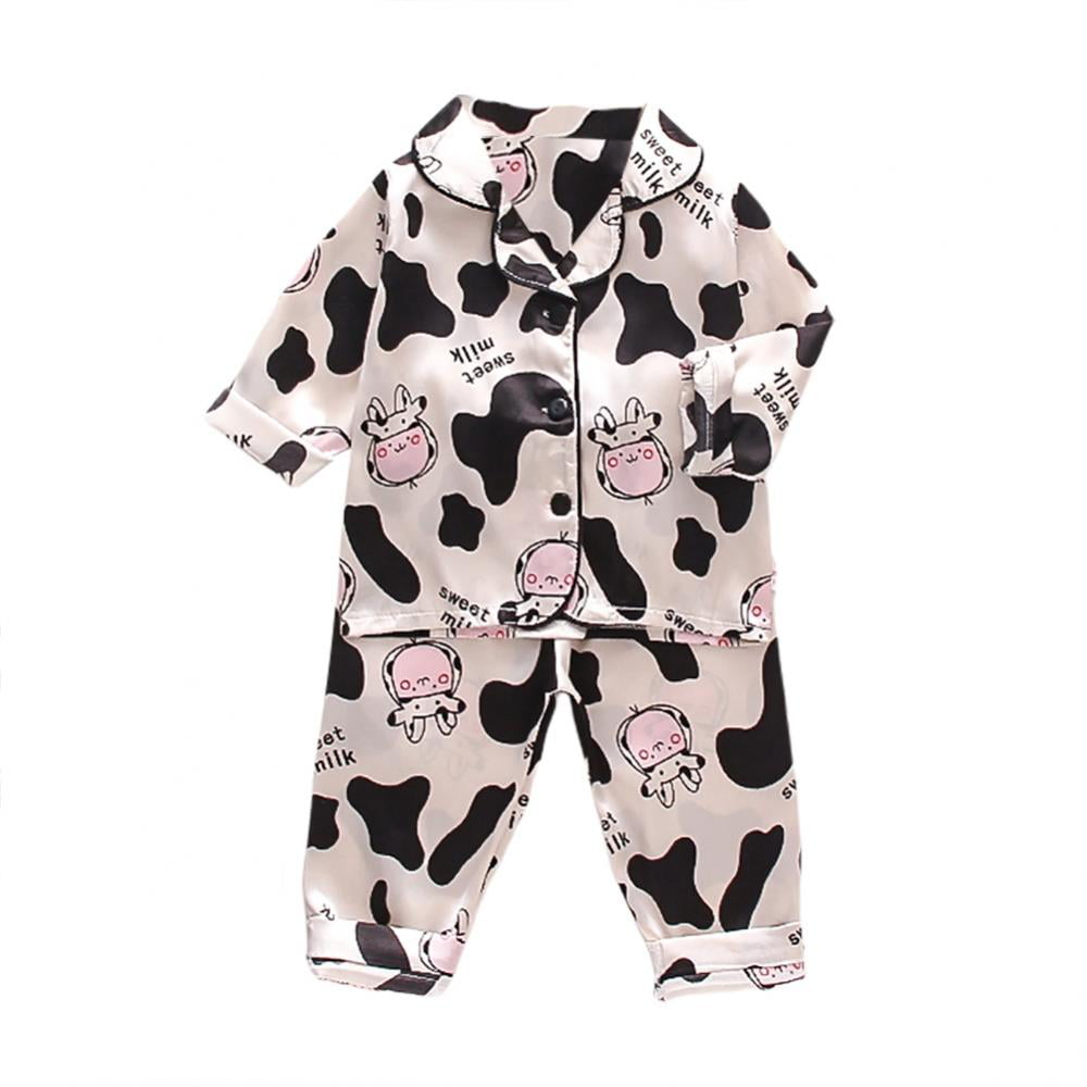 Toddler Girls Boys Satin Pajamas Set 2 Piece Button Down Silk Pajama Long Sleeve Polka Dot Bear PJS Sleepwear