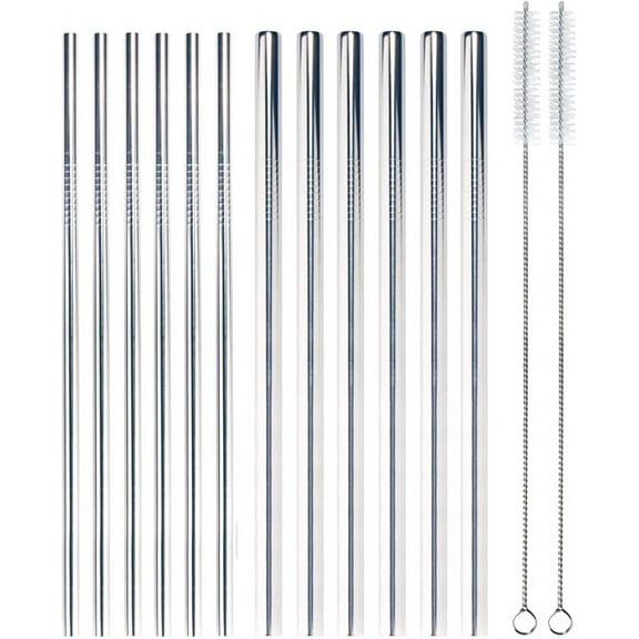 BambooMN Reusable Stainless Steel Metal Drinking Straws - 8.5" (6 Thin Straight/6 Thick Straight Straws) w/ 2x Cleaning Brushes - 12 Pack