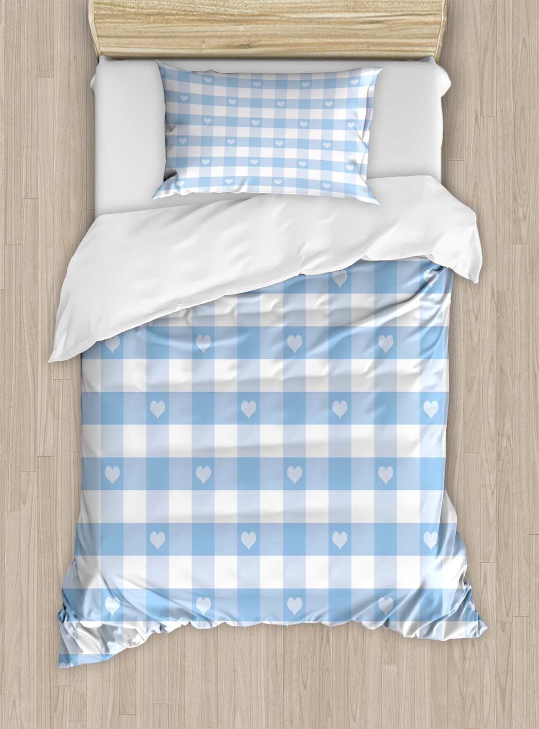 Checkered Twin Size Duvet Cover Set, Gingham Motif with Cute Little Hearts Pastel Blue Baby