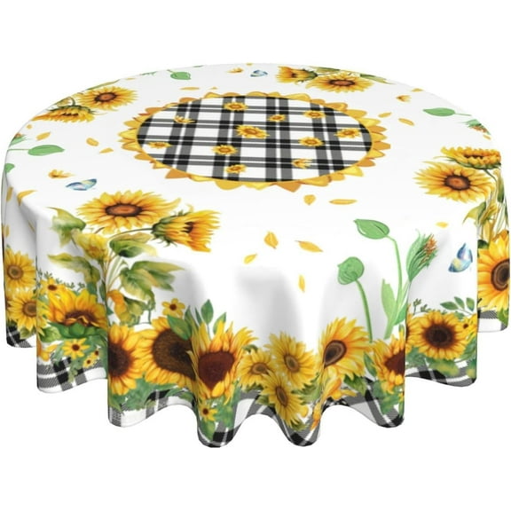 Sunflowers Floral Tablecloth Black White Plaid Round Table Cover Washable Table Cloth for Home Kitchen Party Picnic 60 Inch