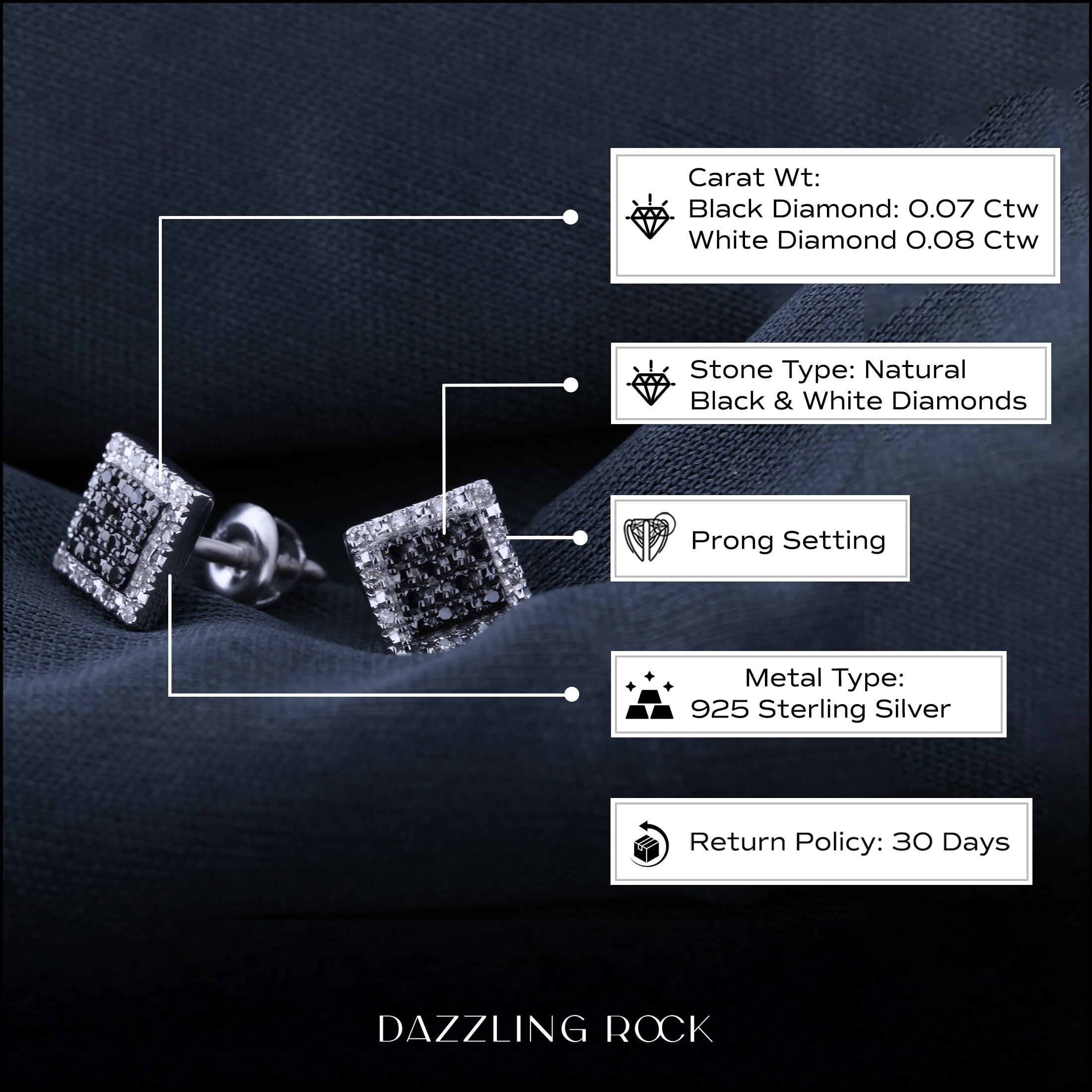 Dazzlingrock Collection 0.15 CT Round Black, White Diamond Unisex Stud Earrings, Sterling Silver