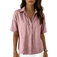 thumbnail image 3 of Fgvctg Cotton Linen Polo Shirt Plus Size Gauze Shirts Basic T-Shirts Blouses Dressy Casual Lightweight Blouse Short Sleeve Tunic Tshirts Cotton Linen Shirts Tshirt Shirts Half Button Pink XL, 3 of 7