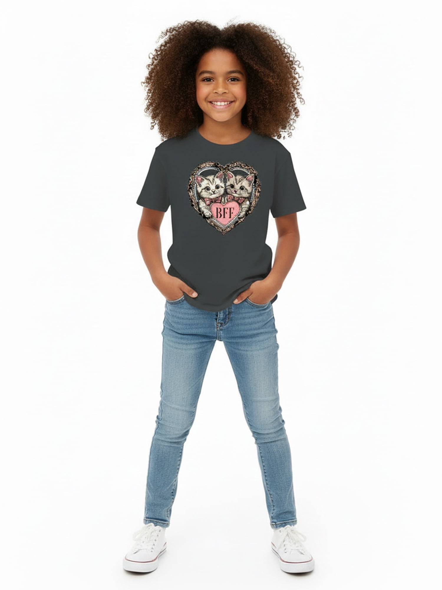 Wonder Nation Girls BFF Cats Graphic Tee with Short Sleeves, Sizes 4-18