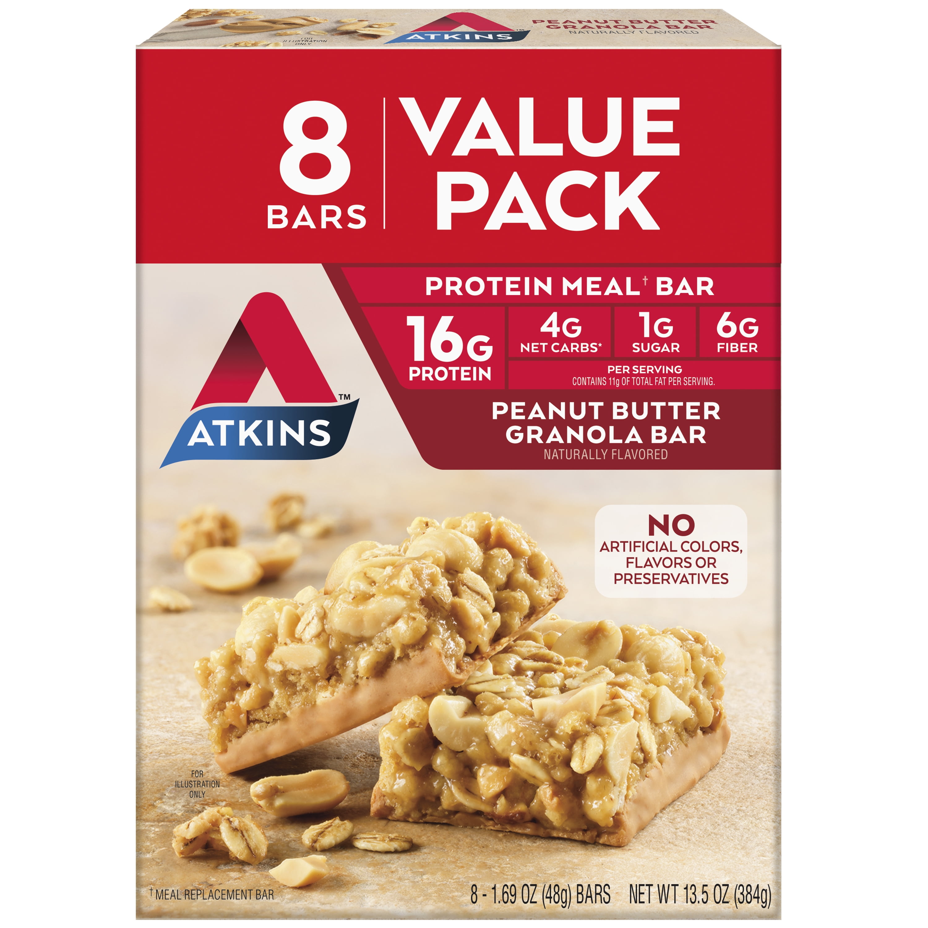 (3 pack) Atkins Peanut Butter Granola Protein Meal Bar, 16g of Protein, Meal Replacement, 8 Count (Value Pack)