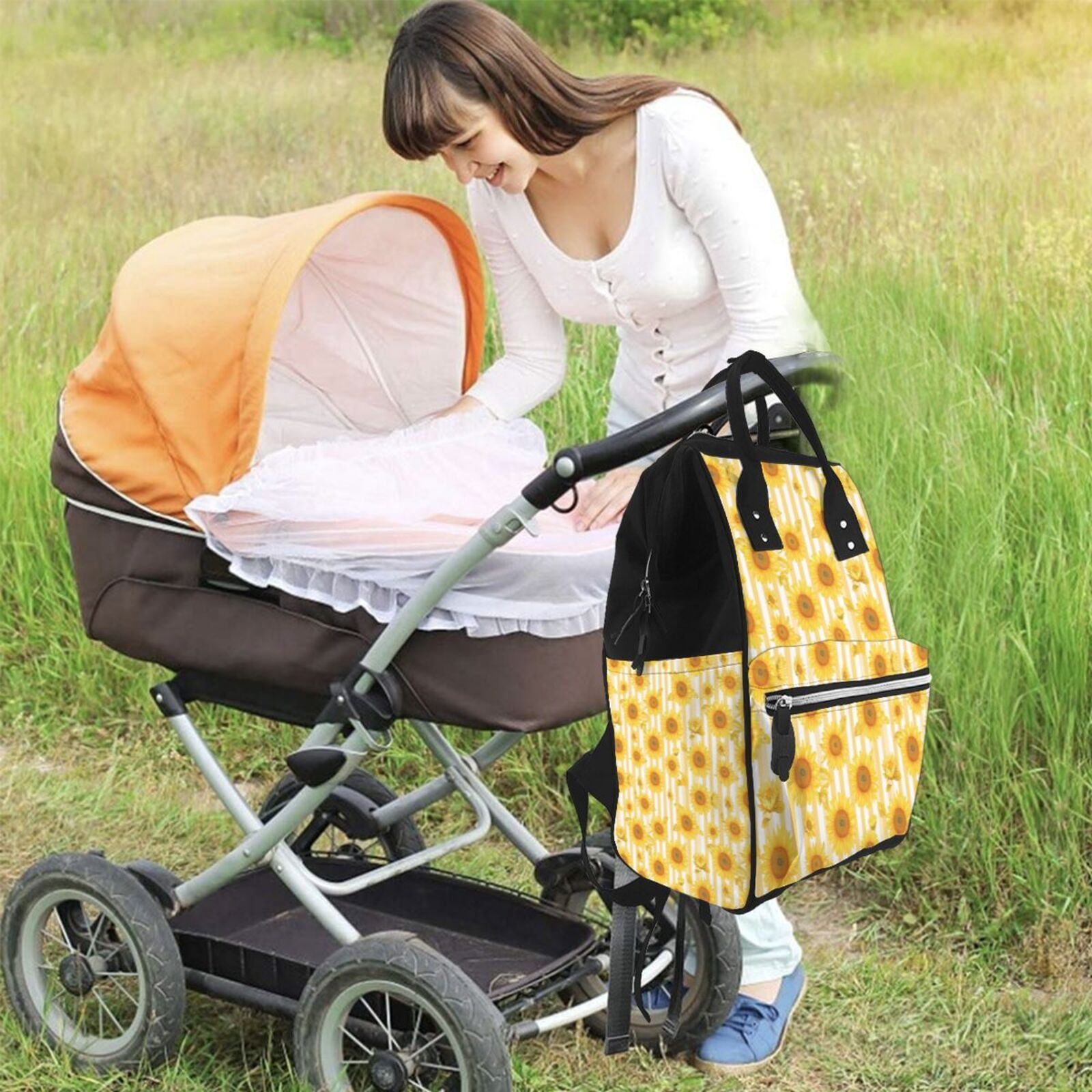 Fuzoiu Yellow White Striped Sunflower Print Diaper Bag Backpack,Baby Essentials Travel Tote,Multi function Waterproof Diaper Bag, Travel Essentials Baby Bag - Unisex