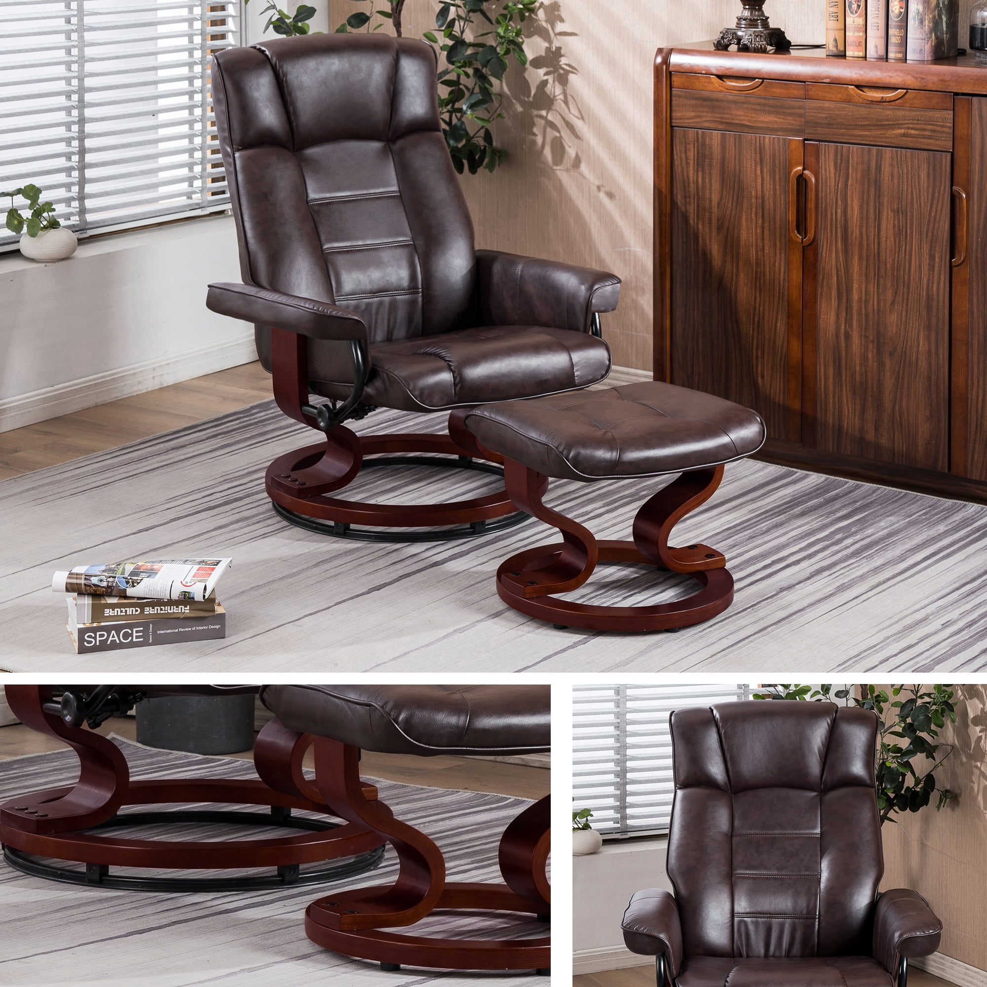 MCombo Swivel Recliner Chair with Wood Base and Ottoman, Faux Leather