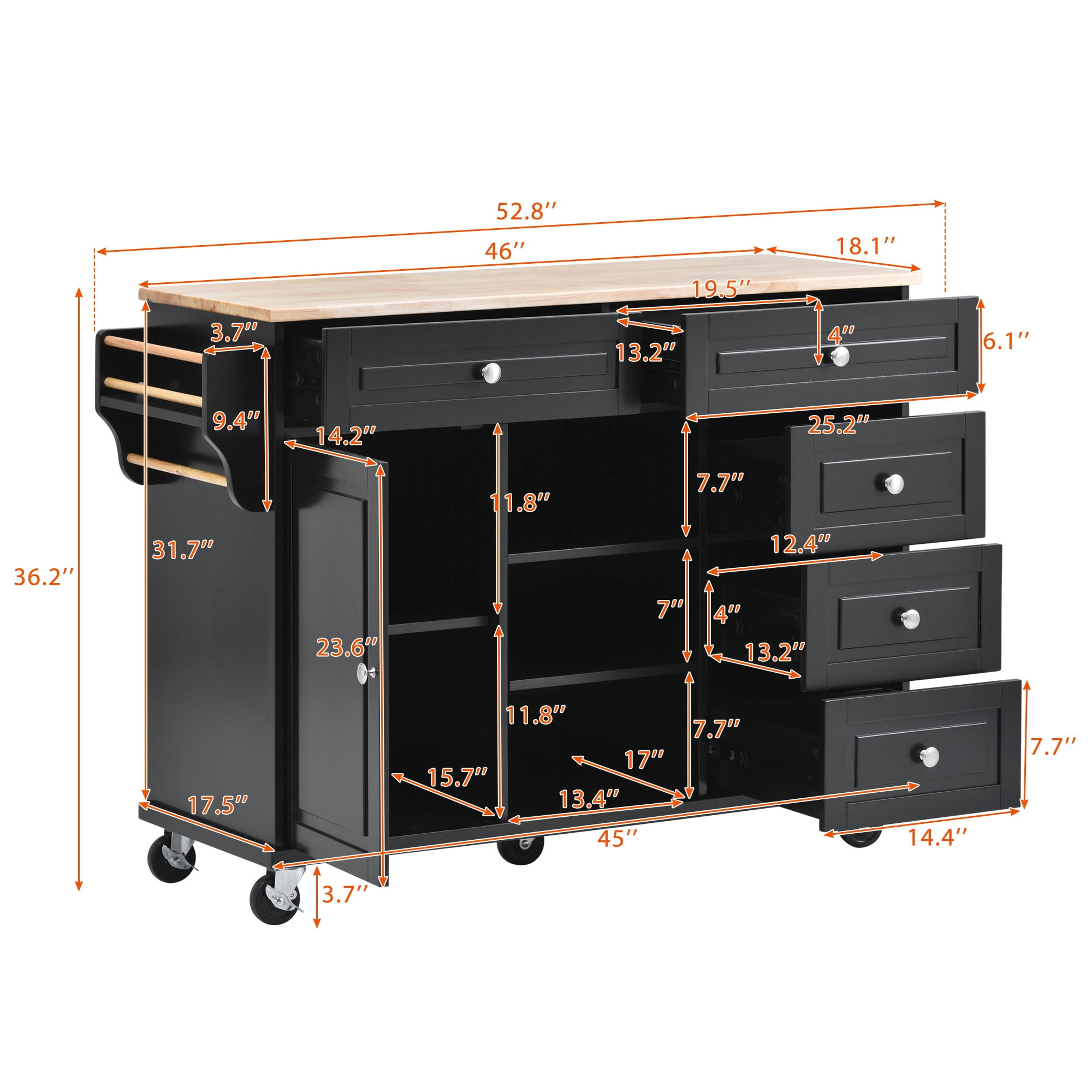 DEALTOPS 53 Inch Kitchen island with Rubber wood desktop rolling mobile kitchen cart with storage and 5 drawers-Black