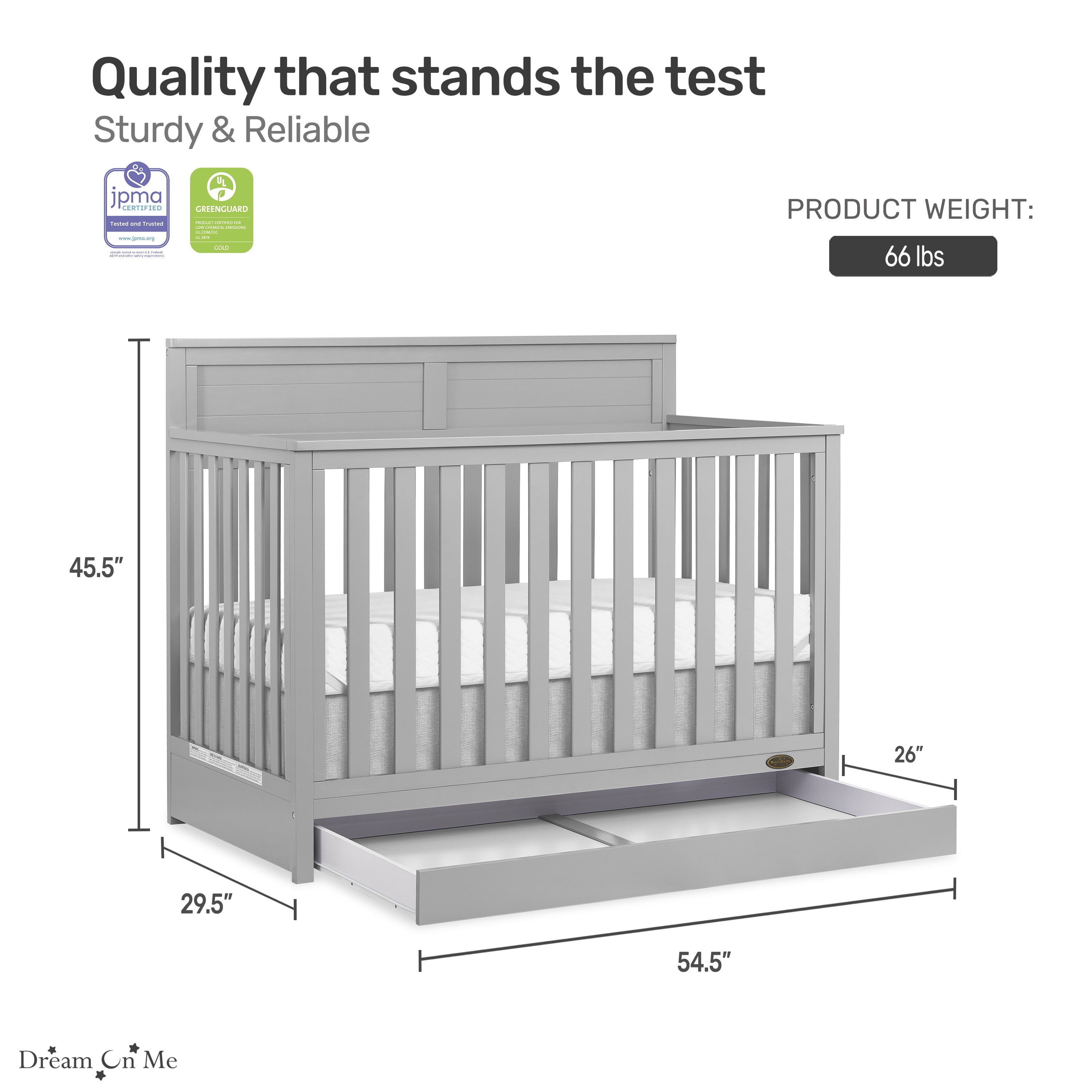 Dream On Me Reign 5 in 1 Convertible Crib with Under Drawer in Pebble Gray