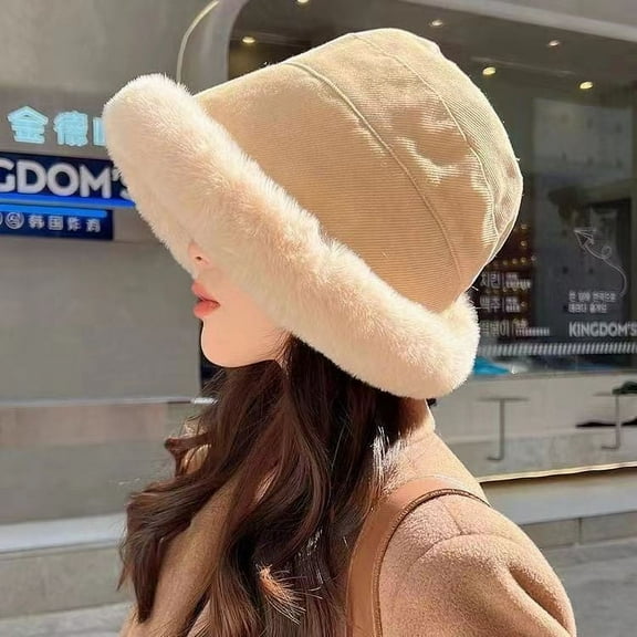 Nvzi Women's Thickened Bucket Hat, New Winter Warm Solid Color Foldable Soft Faux Fur Hat (Beige)