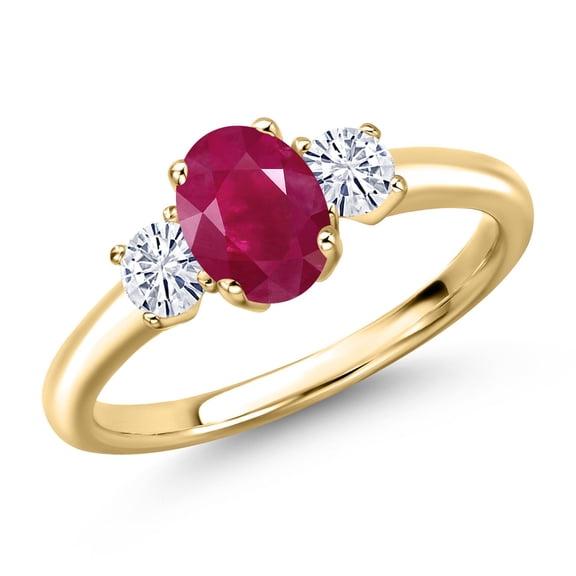 Gem Stone King 10K Yellow Gold Red Ruby and White Moissanite Engagement Ring for Women | 1.32 Cttw | Oval 7X5MM | Gemstone July Birthstone | Size 8