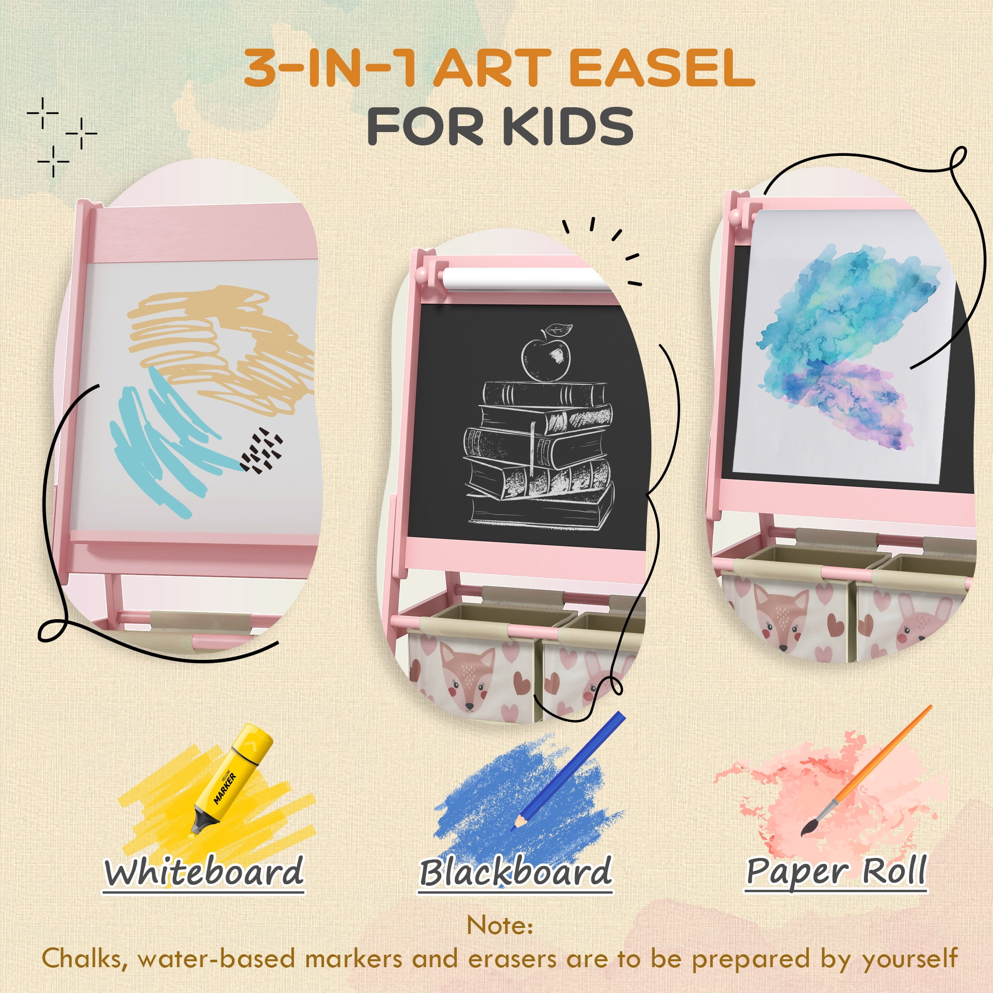 Qaba Art Easel for Kids with Paper Roll, 3 in 1 Toddler Painting Easel with Blackboard, Whiteboard, Storage Baskets, Pink