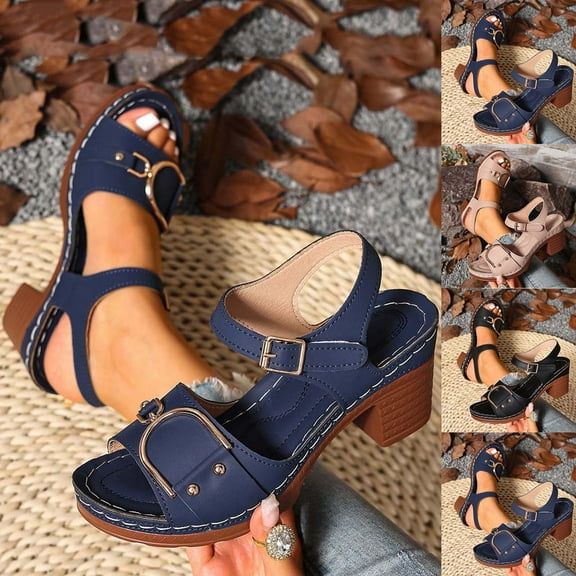 QNANSPI Women's Wedge Heel Shoes, Summer Casual Footwear for Women, Women Peep Toe Buckle Strap Broad Heel High Heel Footwear For Summer Shoes