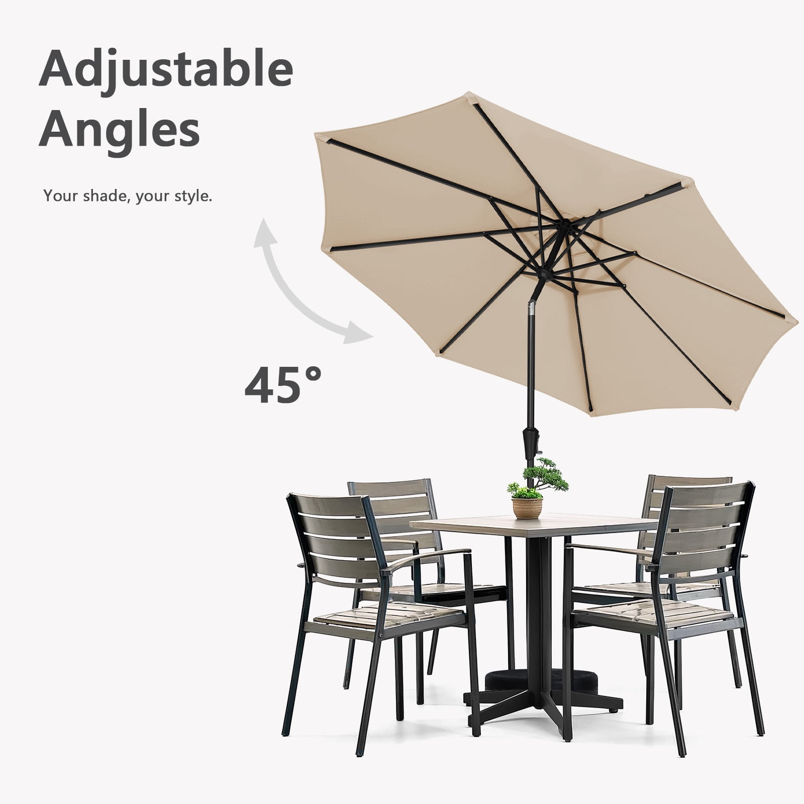 FUNDAZE 9FT Outdoor Market Patio Umbrella with Push Button Tilt & Crank Lift, UV-Resistant Canopy for Garden, Backyard, Pool&Patio Dining, Beige