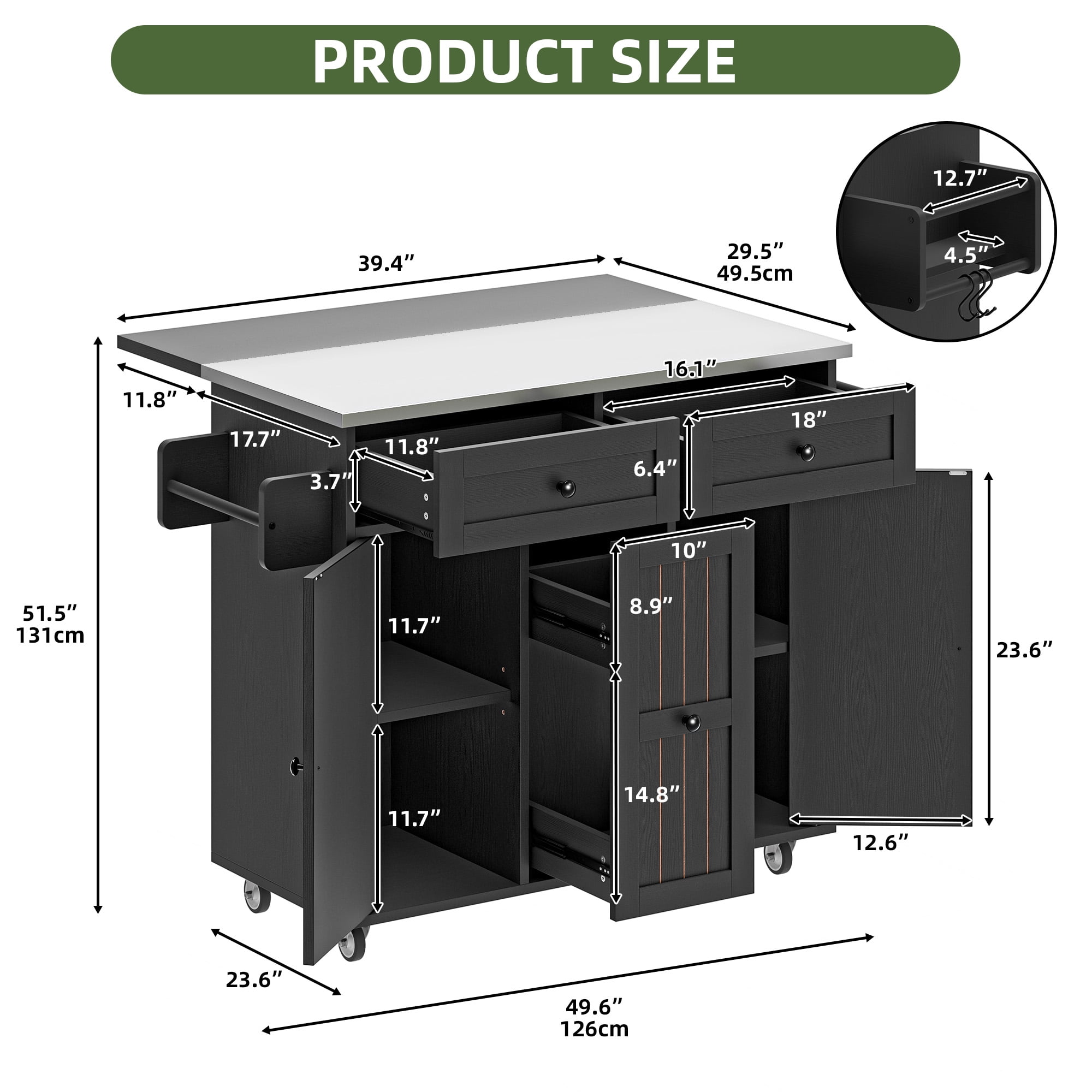 Uforic Kitchen Island with Wheels & Storage, Kitchen Island Cart with Drop Leaf, Black