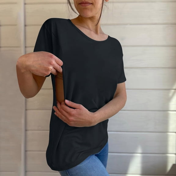 Black Womens Blouses Women's Solid Color Round Tie Zipper Loose Casual Short Sleeved Top Ladies Tops and Blouses