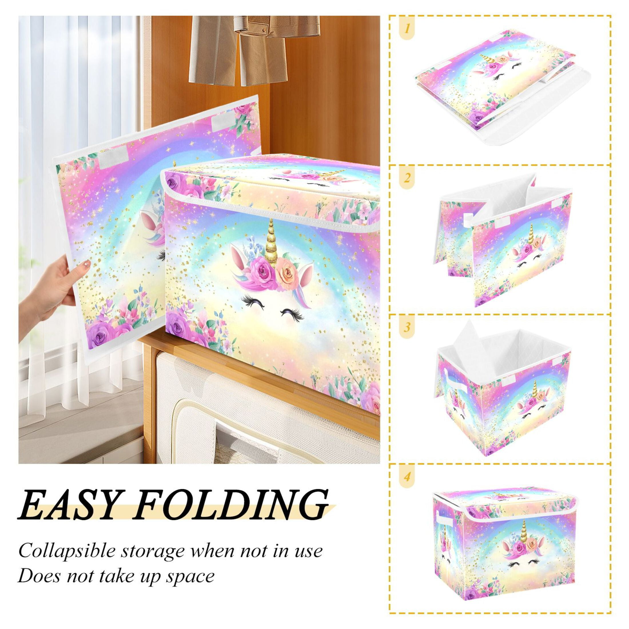Ryvnso Unicorn with Rainbow Large Lidded Foldable Storage Baskets Cubes Boxes Lids Bin for Home
