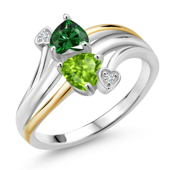 Gem Stone King 1.02 Ct Green Nano Emerald Green Peridot 925 Silver and 10K Yellow Gold 2 Heart Promise Couple Engagement Mother Lab Grown Diamond Ring (Size 6)