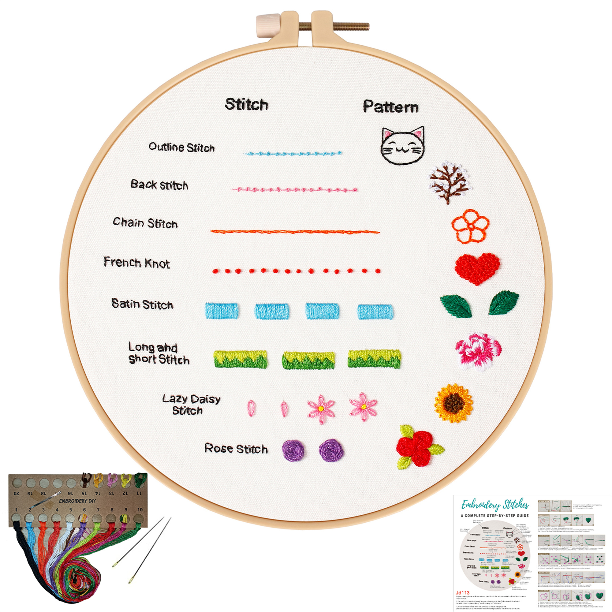 VOCHIC Beginners Embroidery Kit, 8 basic stitches Practice kit for