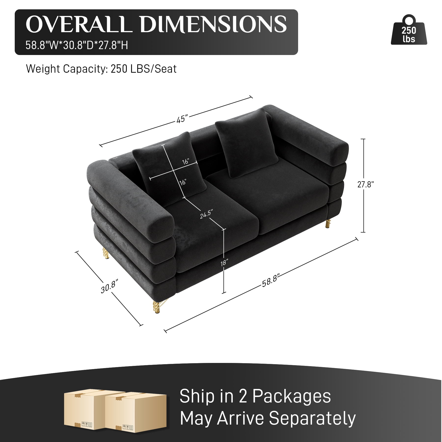 Wiilayok 59" Velvet Cloud Couch, 2 Seater Deep Seat Sofa Couches with Gold Legs,Pillows,Modern Loveseat Sofa for Living Room Bedroom Office Apartment,Black