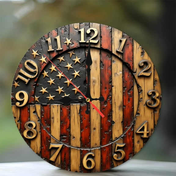 Vintage American Flag Wall Clock Decorative Home Decor 10-Inch Silent Wooden Wall Clock, Battery Operated (AA Batteries Not Included), Artistic Home Decor