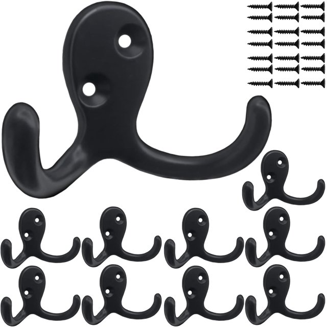 Perchero, 10 ganchos de pared resistentes para colgar capas, sin óxido, ganchos de pared doble para llave, toalla, bolsos, taza, sombrero (negro) esquí esquí Gafas de esquí