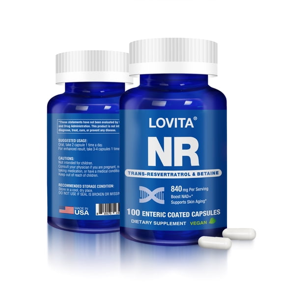 LOVITA NR (Nicotinamide Riboside) NAD Supplement with Trans-Resveratrol and Betaine, 840mg 100 Vegan Enteric-Coated Capsules