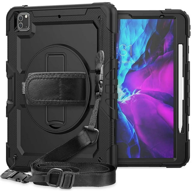 navor Case Compatible with iPad Pro 12.9 2021 5th Gen./2020 4th Gen./2018 3rd Gen. with Built-in Screen Protector/Pencil Holder, Rugged Heavy Duty Shockproof Rotatable Stand Shoulder/Hand Strap
