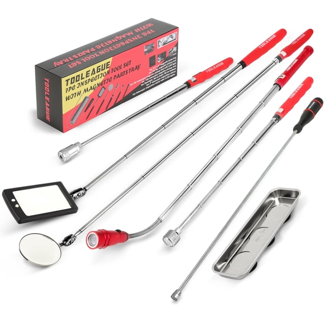 TOOLEAGUE 7Pcs Telescoping Magnetic Pickup Tool Set, Extendable LED Flashlight,Round & Square 360° Inspection Mirror for Men Mec