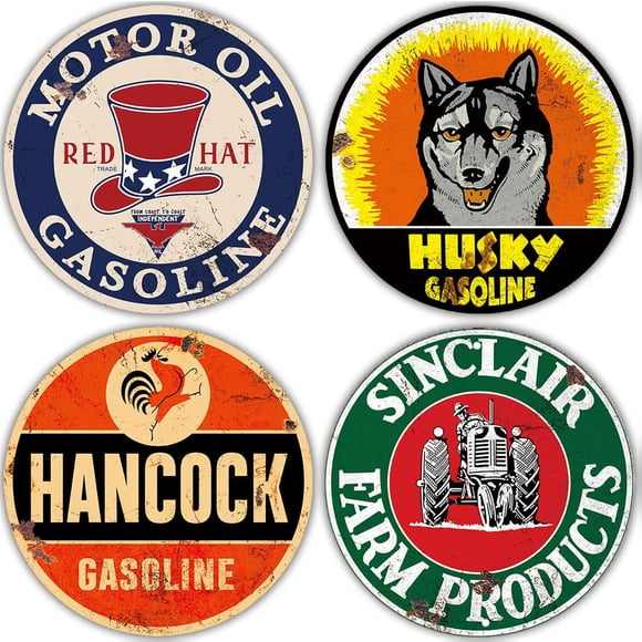 4 Pieces Reproduction Vintage Tin Signs, Gas Oil Car Metal Signs for Garage Man Cave Bar, Retro Wall Decor (4 x 12" round signs B)