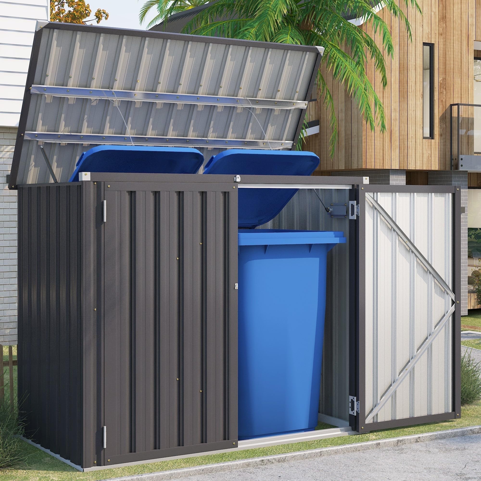 AECOJOY 46 Cu ft. Outdoor Horizontal Storage Shed Wastebasket Enclosure Container Metal Garbarge Shed in Gray