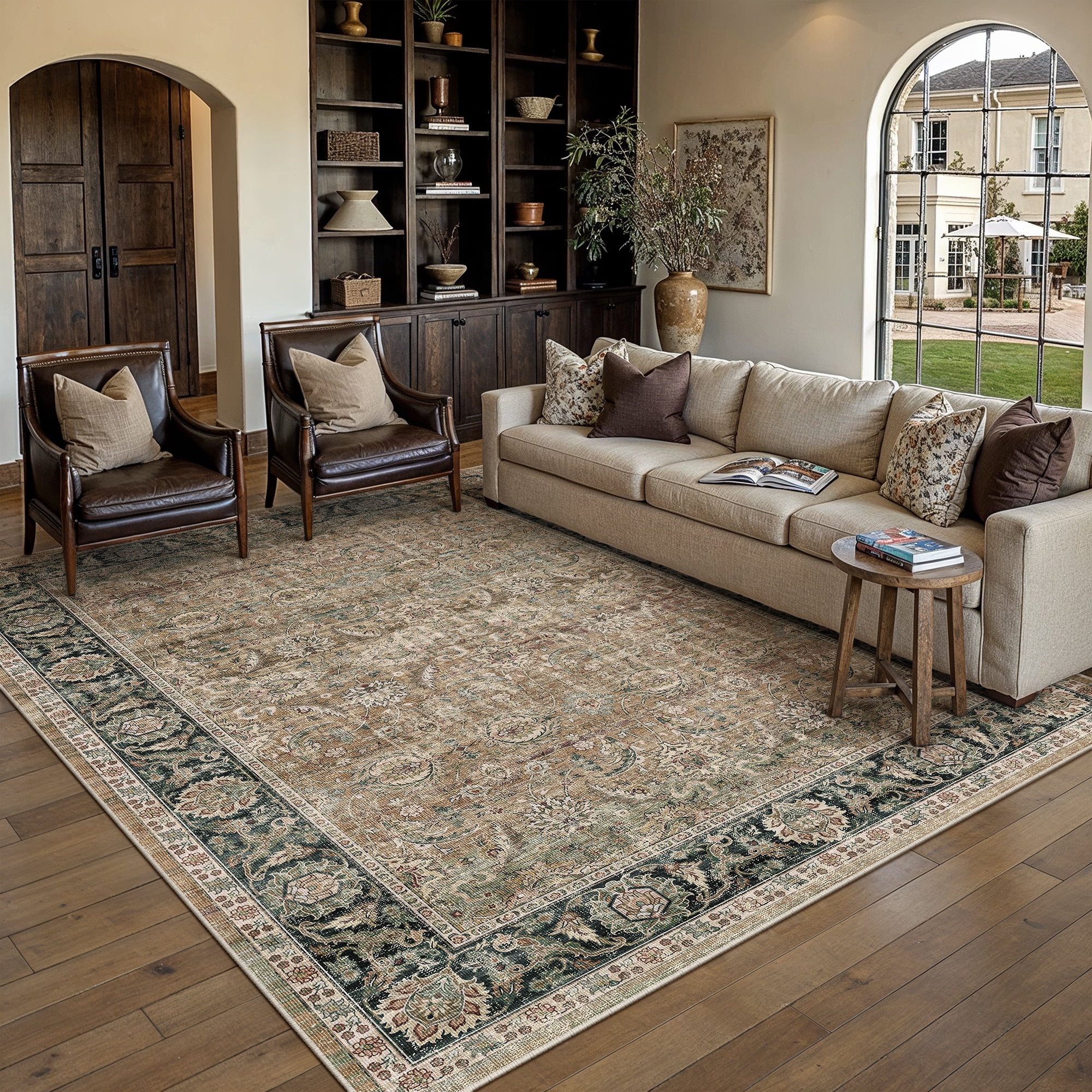 BERTHMEER 9'x12' Large Area Rugs for Living Room Bedroom Office Brown and Green Vintage Non Slip Washable Farmhouse Dining Room Oriental Traditional Distressed Rugs