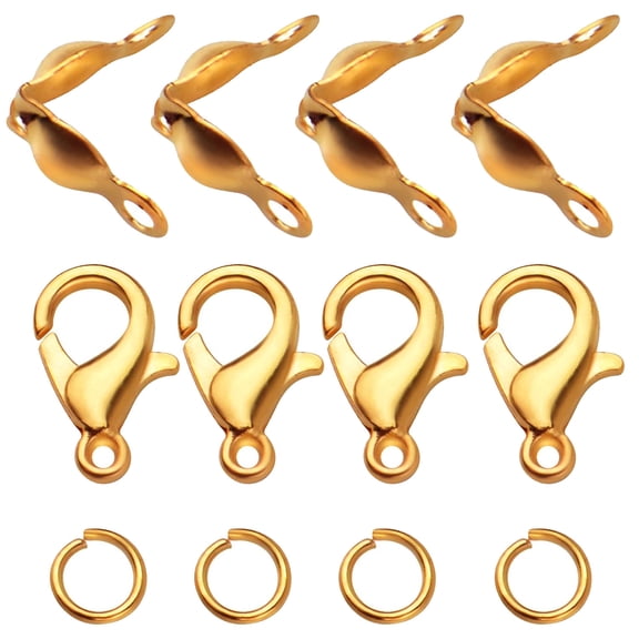 500pcs Jewelry Making Accessories Kit, 100pcs Lobster Claw Clasps and 200pcs Open Jump Rings Connectors ，200pcs Knot Covers Clamshell Fold-Over Bead Tipsfor Jewelry Making Supplies,Gold