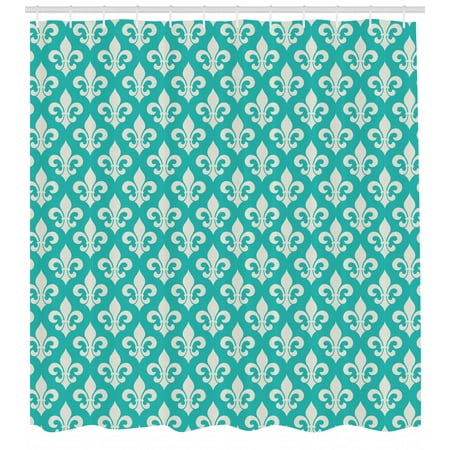 Lis Set - Fleur de Lis Shower Curtain, Classic Fleur de Lis Motif with Victorian Rococo Style Artsy Effects, Fabric Bathroom Set with Hooks, 69W X 75L Inches Long, Turquoise and Beige, by Ambesonne